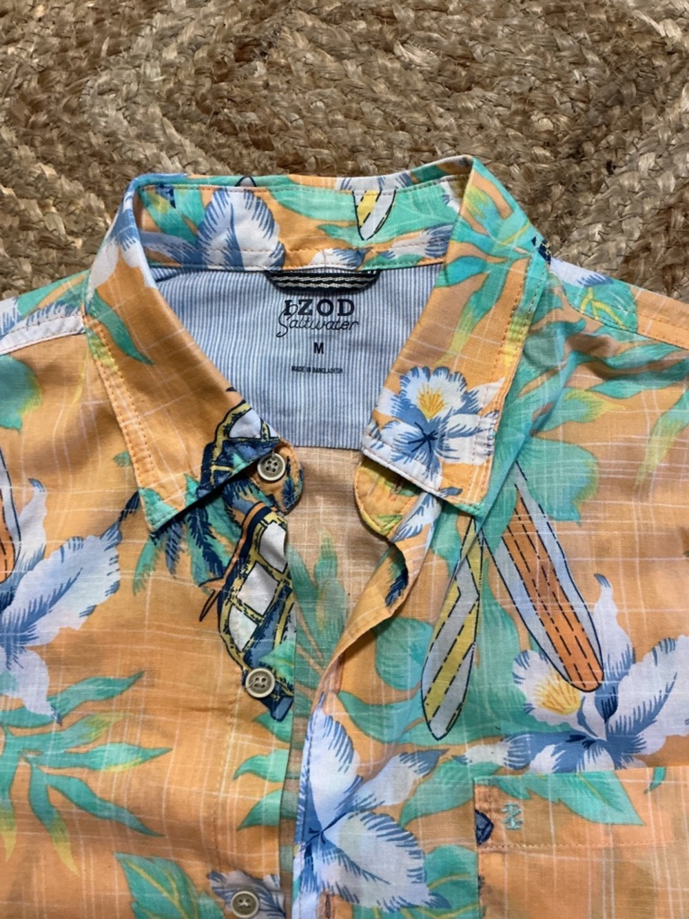 Izod Saltwater Peach-Orange Floral Short Sleeve Button-Down